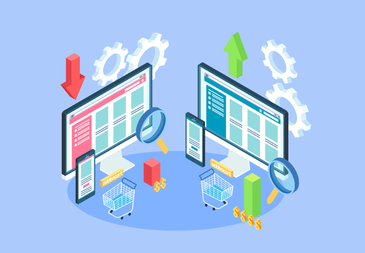 Duas telas de computador representando um teste a/b para otimizar uma página, sendo uma tela apresentando um resultado positivo e outra um resultado negativo.